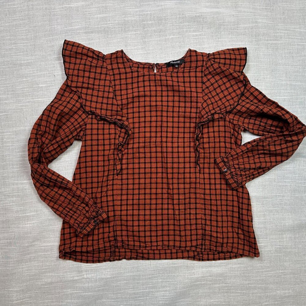 Madewell Ruffle-Front Top in Plaid Orange Red & Black Size Medium Cotton - Picture 2 of 7